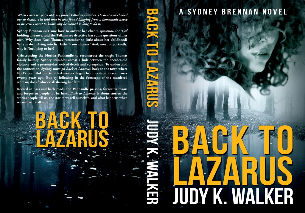 Cover for paperback Back to Lazarus, woman's face superimposed on spooky forest