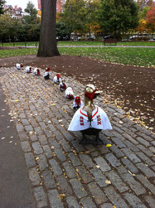 Duckling sculptures costumed as Red Sox baseball fans, Boston Public Garden, Massachusetts, USA by M2545