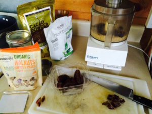 Raw brownie prep (ingredients and food processor) by Judy K. Walker