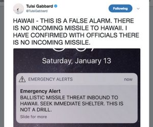 Screenshot of Rep. Tulsi Gabbard's tweet confirming Jan 13 missile alert is false