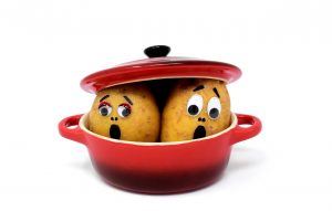 Potatoes with faces in a pot