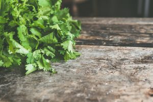 Fresh cilantro on a wooden cutting surface