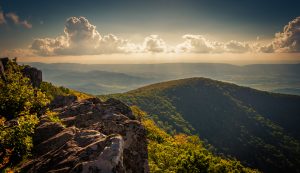 Evening view from cliffs on Hawksbill Summit, in Shenandoah National Park, Virginia.