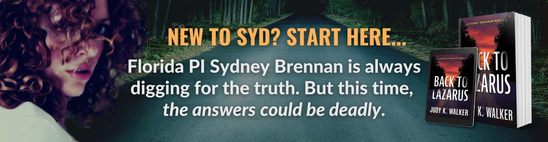Banner with Back to Lazarus, first book in the Sydney Brennan mystery series