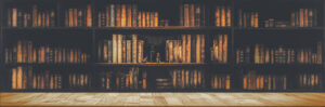 panorama blurred bookshelf Many old books in a book shop or library